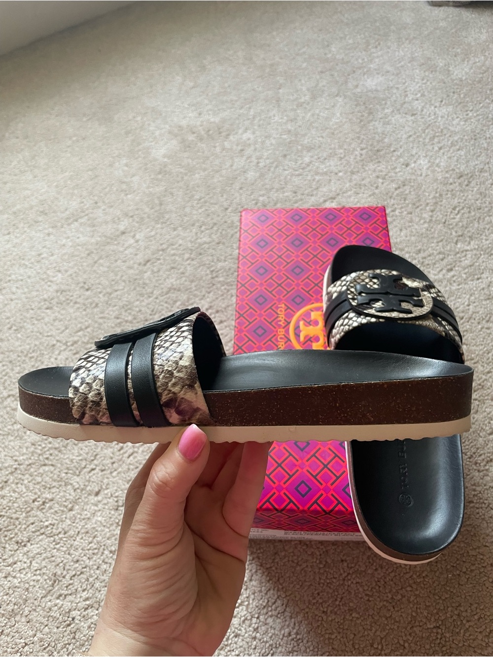 Tory Burch Black & Snakeskin Platform Slide Sandals - Picture 3 of 7